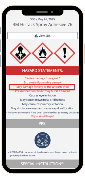An SDS RiskAssist SafetySnap SDS summary showing hazard statement: may damage fertility or unborn child