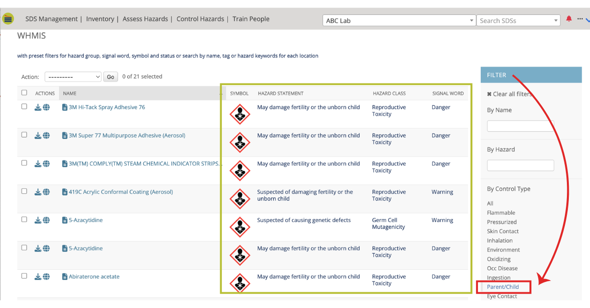 Chemical hazards filtered by fertility and reproduction risks using SDS RiskAssist software